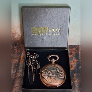 Vintage Bronze Motorcycle Pocket Watch with Chain